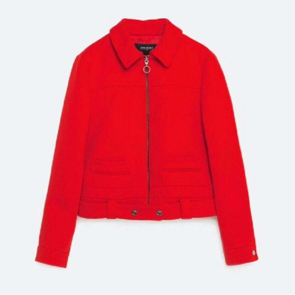 Zara Basic Red Blazer Womens L Single Button Bright Red Jacket Office Pop